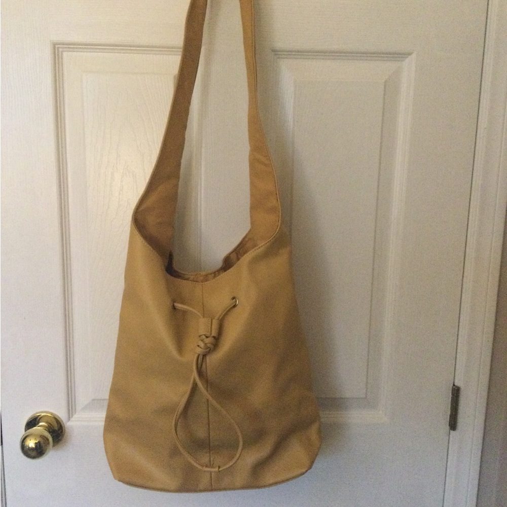 Everyday Tan Hobo Shoulder Bag with Drawstring Accent